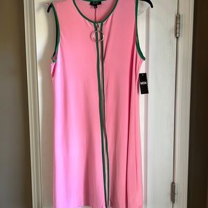 NWT MSK L pink shift dress with green trim. Super soft 95% poly and 5% spandex.
